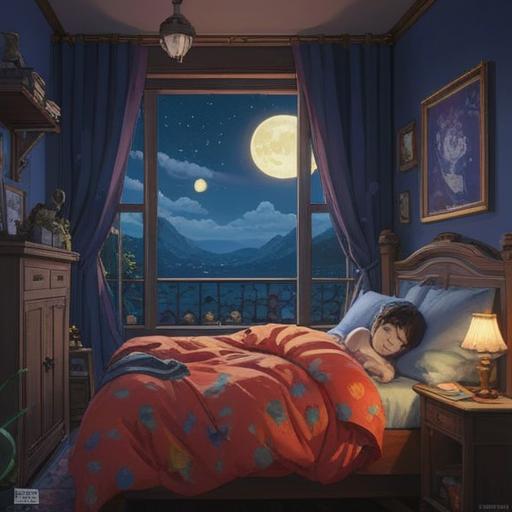 A serene bedroom scene at night, a person sleeping peacefully, gentle beads of sweat on their forehead, glowing moonlight filtering through the curtains, an ethereal aura surrounding the sleeper, symbolic elements representing spiritual awakening like glowing orbs, soft pastel colors, tranquil atmosphere, dream-like quality, 4k