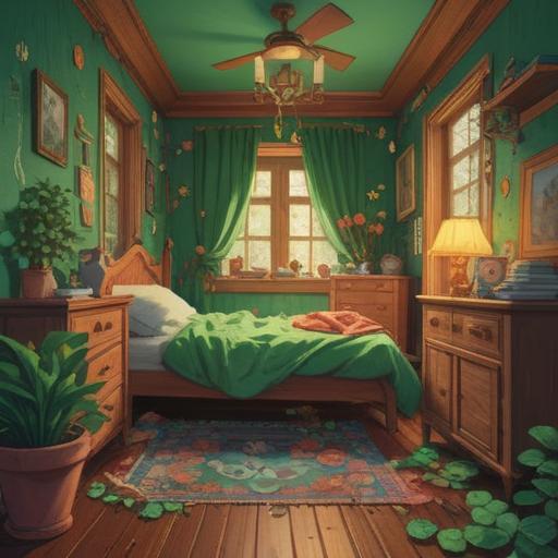 A whimsical illustration of a person waking up in a cozy bedroom, surrounded by lucky charms like four-leaf clovers and horseshoes, visible beads of sweat on their forehead, morning sunlight streaming through the window, a sense of relief and hope, vibrant colors, charming character expressions, 4k