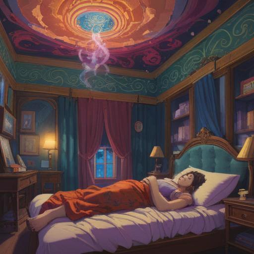 A mystical scene depicting a restless individual lying awake in bed, surrounded by ethereal light and swirling thoughts, symbolic representations of anxiety and insomnia filling the room, celestial patterns on the ceiling, dreamlike elements floating around, a clock ticking loudly, capturing the spiritual significance of sleeplessness, surreal imagery, vivid colors