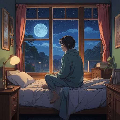 A serene night scene, a person sitting up in bed with a contemplative expression, moonlight streaming through the window, ethereal glow surrounding them, spiritual symbols softly illuminated, peaceful ambiance, connection to higher consciousness, detailed textures, 4k