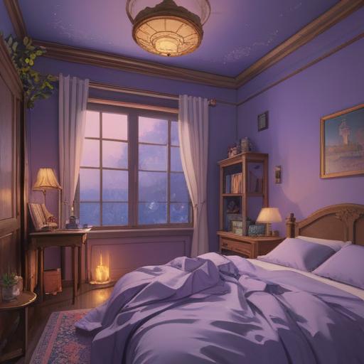 A calming and serene bedroom scene, soft lavender hues, gentle flickering candlelight, a person lying awake with a peaceful expression, surrounded by aromatic candles and essential oils, delicate wisps of lavender and chamomile scents in the air, tranquil atmosphere, inviting bed, cozy blankets, subtle nighttime ambiance, 4k