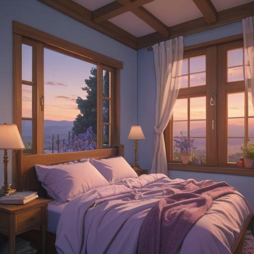 A tranquil bedroom scene, soft lighting, gentle breezes flowing through open windows, a cozy bed adorned with plush pillows, lavender and eucalyptus scents wafting through the air, calming colors, peaceful atmosphere, delicate floral arrangements, relaxation and serenity, 4k