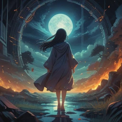 A surreal and spiritual depiction of insomnia, ethereal light surrounding a restless figure, abstract dream-like elements, deep shadows contrasting with bright highlights, representation of thoughts swirling, an hourglass symbolizing time slipping away, a serene yet troubled expression on the face, cosmic background reflecting inner turmoil, vibrant colors, visually striking ambiance, 4k