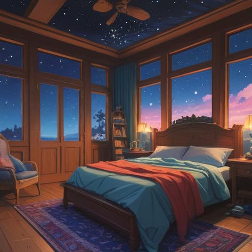 A serene night scene, starry sky, peaceful bedroom, gentle light illuminating a sleeping person, symbols of spirituality surrounding, a subtle aura of calm energy, dreamlike atmosphere, introspective mood, 4k