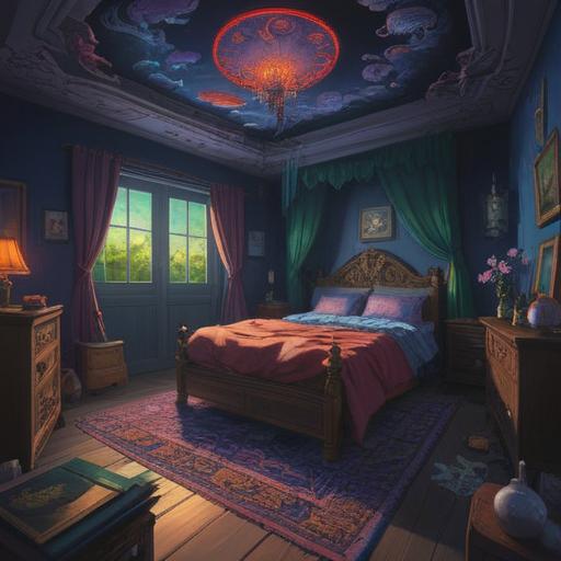 A mysterious illustration depicting spiritual signs of insomnia, dark shadows looming in a tranquil bedroom, ethereal wisps of energy swirling around, a faint glow emanating from an unsettling presence, an expression of anxiety on a person's face, contrasting calmness with tension, intricate details of the room, soft moonlight filtering through the window, a feeling of unease, 4k