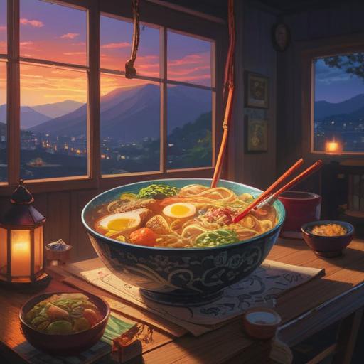A cozy nighttime scene, a bowl of warm ramen glowing in soft light, steam rising gently, a comfortable chair by the window, stars twinkling outside, a book laid open nearby, peaceful atmosphere, inviting and relaxing setting, 4k