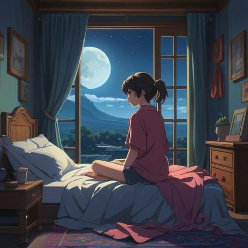 A serene night scene, moonlight filtering through the window, a figure sitting on the bed deep in thought, surrounded by soft shadows, celestial symbols in the air, a sense of calm and introspection, ethereal light illuminating the room, spiritual awakening and transformation, 4k