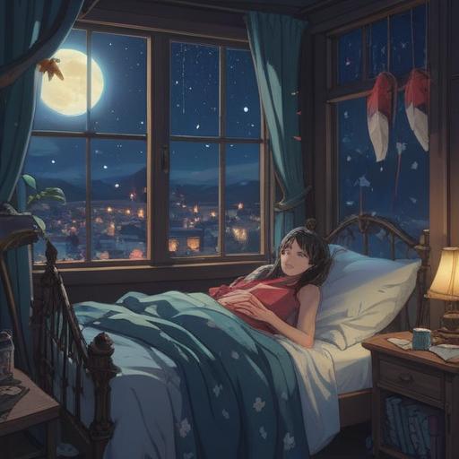 A serene night scene depicting a person awake in bed, moonlight streaming through the window, symbols of spiritual signs like feathers and butterflies floating nearby, a sense of restlessness in the air, soft shadows, calming yet eerie atmosphere, subtle hints of nature outside, capturing the essence of sleeplessness and spiritual awareness, 4k