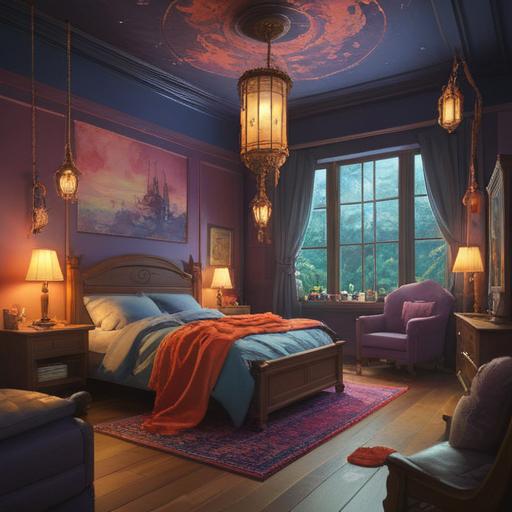 A serene and calming scene depicting a cozy bedroom, a soft glow from a bedside lamp, essential oil diffuser emitting fragrant mist, a bottle of lucky aromatherapy oil on a nightstand, calming colors, peaceful atmosphere, cozy blankets, calming plants nearby, soothing artwork on the walls, 4k