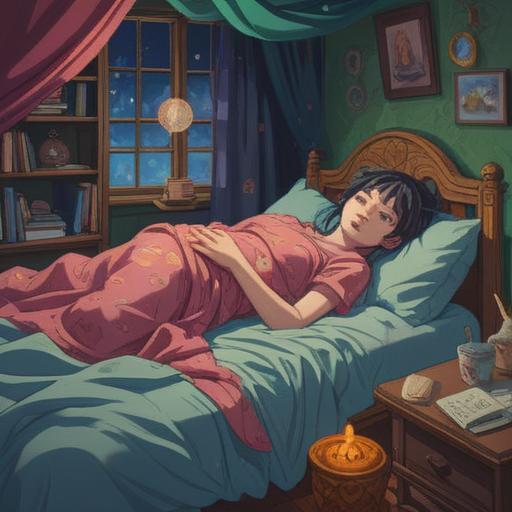 A surreal illustration depicting a person lying awake in bed, surrounded by swirling dreamlike imagery, shadows representing hidden fears and anxieties, ethereal light shining through the window, symbolic elements like floating clocks and dreamcatchers present, a mystical aura enveloping the scene, 4k