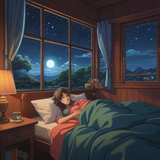 A tranquil night scene depicting a person lying awake in bed, starlit sky visible through the window, soft moonlight illuminating the room, ethereal glow surrounding the figure, symbols of spirituality like feathers or butterflies floating gently, a sense of serenity and awakening, dreamlike ambiance, 4k
