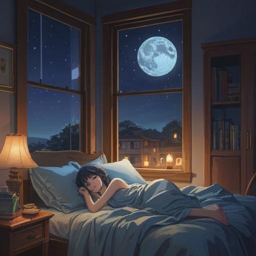 A serene night scene, a person lying awake in bed, moonlight streaming through the window, ethereal shadows, a soft glow illuminating spiritual symbols around the room, a clock showing late hours, a hint of restlessness in the character's expression, mystical energy surrounding, peaceful yet alert atmosphere, 4k