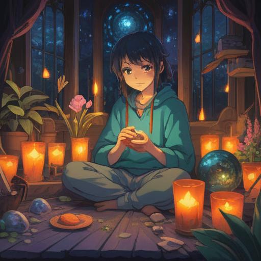 A serene and calming scene featuring an array of healing crystals, softly glowing under gentle candlelight, various shapes and colors, a soothing atmosphere, a cozy bedroom setting with a plush bed and fluffy pillows, minimalistic decor, warm tones, inviting ambiance, crystals reflecting light beautifully, peaceful night, 4k