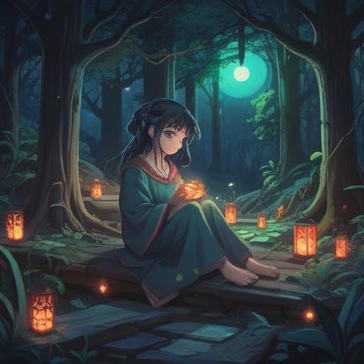 A spiritual illustration of sleeplessness, a person deep in thought at night, ethereal light surrounding them, symbolic heart imagery, dreamlike atmosphere, reflections of love and connection, celestial elements like stars and moon, conveying emotional depth, 4k