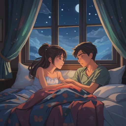 A serene illustration of a couple lying awake in bed, moonlight streaming through the window, expressions of contemplation and emotional connection, ethereal energy surrounding them, symbolic elements representing spiritual awareness, a clock showing midnight, soft blankets, ambient lighting, a dreamy atmosphere, 4k