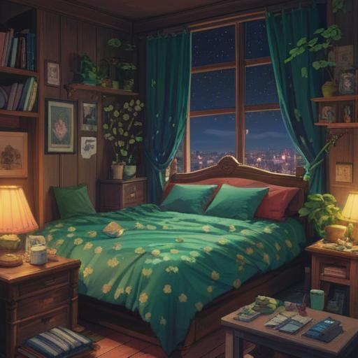 A cozy bedroom scene at night, a person lying awake in bed, surrounded by lucky charms like a four-leaf clover and a small crystal, soft moonlight filtering through the window, a thoughtful expression on their face, pillows and blankets scattered, a sense of longing and contemplation, warm and inviting atmosphere, 4k