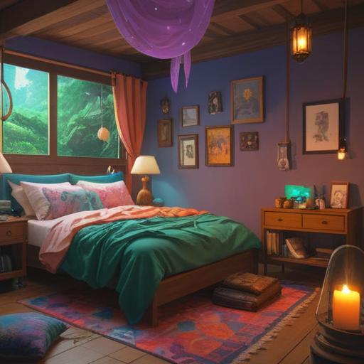 A serene and cozy bedroom scene, a woman peacefully sleeping surrounded by soft blankets, mystical symbols floating in the air, a calming color palette of blues and purples, gentle light filtering through curtains, dreamcatchers hanging, ethereal atmosphere, spiritual elements subtly integrated, 4k