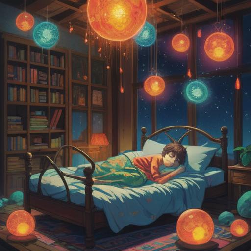 A serene and peaceful scene of a person peacefully sleeping, surrounded by glowing orbs of light representing positive energy, gentle dream-like colors, soft flowing clouds, a starry night sky, tranquil atmosphere, symbolic representation of spiritual well-being, emphasizing relaxation and inner peace, 4k