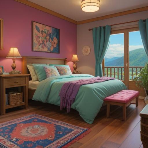 A cozy bedroom scene, soft pillows and warm blankets, a calming atmosphere, a bedside table with a lucky charm, gentle light filtering through the curtains, serene color palette, peaceful and inviting vibe, promoting relaxation and well-being, 4k
