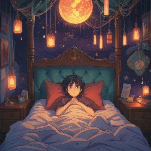 A concept illustration depicting a person lying awake in bed, surrounded by ethereal lights and floating spiritual symbols, representing restlessness and inner turmoil, dreamlike atmosphere, shadows intermingling with light, intricate patterns in the background, a sense of isolation and reflection, 4k