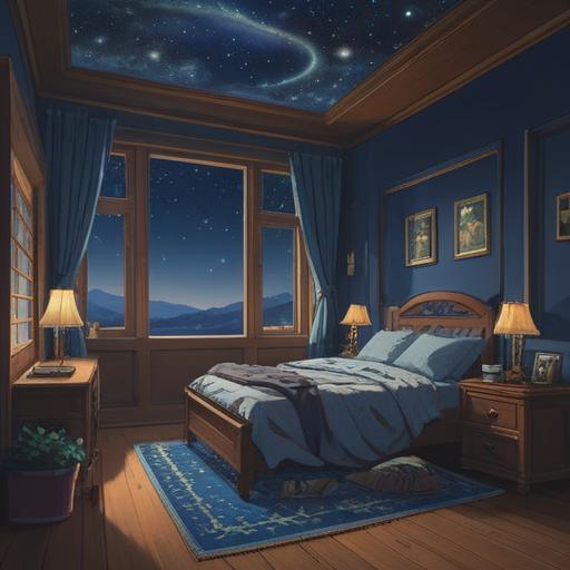 A serene and mystical illustration depicting a person lying awake in a peaceful, starry bedroom, moonlight streaming through the window, ethereal glow surrounding them, symbols of spiritual awakening and energy flow, soft shadows and calming colors, conveying a sense of introspection and enlightenment, 4k