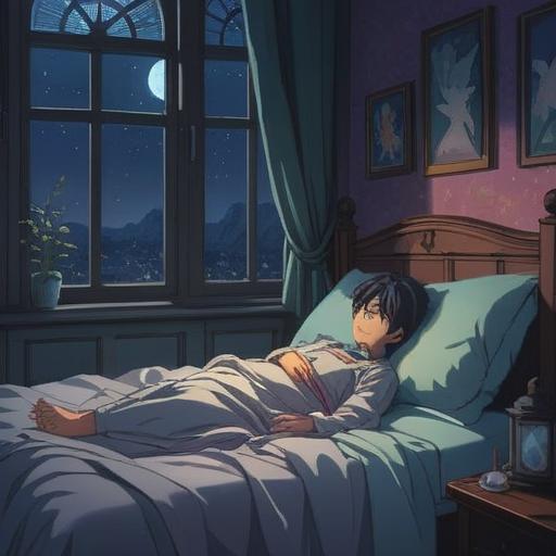 A mysterious and ethereal nighttime scene, depicting an individual lying awake in bed, soft moonlight filtering through the window, subtle shadows creating a dreamlike atmosphere, ghostly figures symbolizing spiritual signs surrounding the bed, gentle wisps of energy representing thoughts and emotions, calming color palette, surreal elements blending with reality, peaceful yet unsettling vibe, 4k