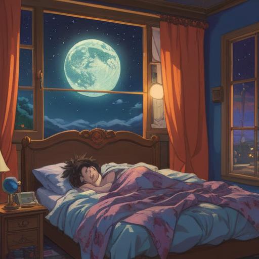 A whimsical illustration depicting a person lying in bed, wide awake, with a clock showing late hours, vibrant moonlight streaming through the window, a book and a journal on the bedside table, dreamy thought bubbles with creative ideas floating above their head, a sense of inspiration and excitement, light-hearted atmosphere, charming character design, 4k