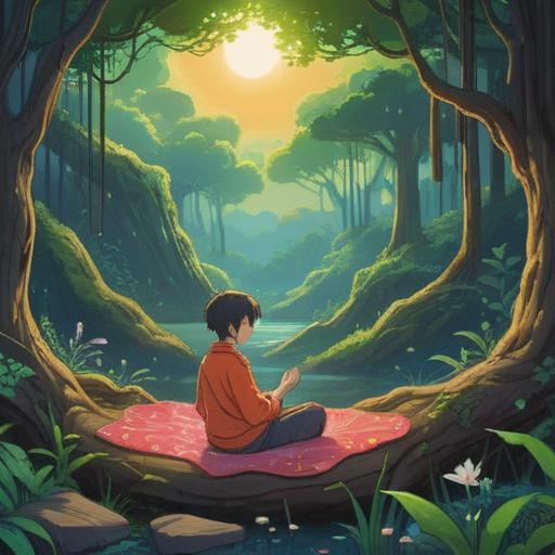 A serene spiritual scene of a person meditating while lying down, surrounded by calming nature, gentle light illuminating the space, symbols of mindfulness and tranquility, soft flowing fabrics, peaceful expressions, connection with the universe, ethereal atmosphere, harmony with the surroundings, 4k