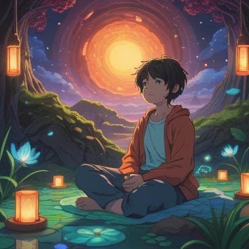 A serene and calming scene depicting a person meditating while lying down, surrounded by ethereal imagery, soft glowing light, gentle aura, nature elements like trees and flowers in the background, spiritual symbolism such as mandalas or chakras, peaceful expression on the person's face, harmonious color palette, tranquil atmosphere, conveying a sense of enlightenment and inner peace, 4k