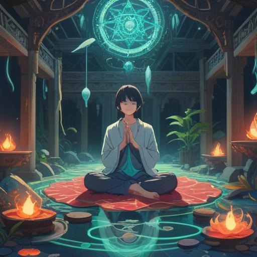 A serene, dreamlike scene of a person meditating while lying down, surrounded by ethereal symbols representing spiritual signs, soft light filtering through, vibrant yet calming colors, a soothing atmosphere, tranquil expression on the meditator's face, subtle hints of nature like floating leaves and soft clouds, mystical elements subtly integrated, 4k