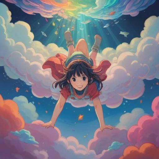 A serene and peaceful scene of a person lying on a cloud, smiling gently, surrounded by soft, ethereal light, symbols of joy and spiritual awakening in the background, tranquil nature elements like flowers and birds, peaceful atmosphere, harmonious colors, spiritual significance, 4k