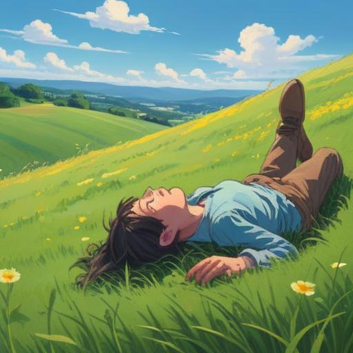 A serene scene of a person lying comfortably on a grassy hill under a clear blue sky, laughing joyfully, surrounded by soft sunlight filtering through trees, ethereal energy radiating around them, peaceful expression reflecting spiritual enlightenment, vivid colors, harmonious nature, symbolic elements representing positivity and well-being, 4k
