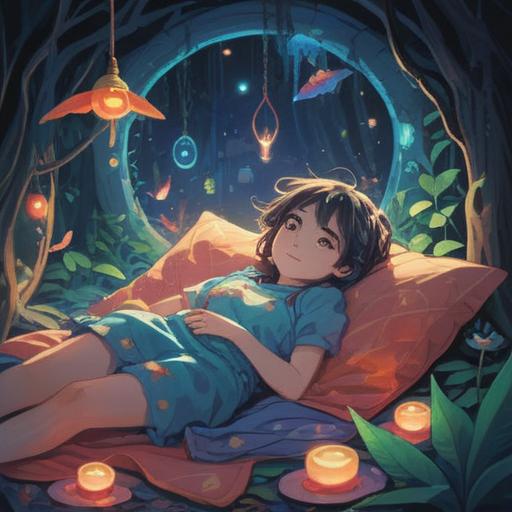 A serene and mystical scene, a person lying down with a gentle smile, surrounded by glowing ethereal symbols, soft light filtering through, a calming aura, hints of vibrant energy swirling around, peaceful expression, connection to the spiritual realm, dreamy atmosphere, rich colors, engaging visual harmony