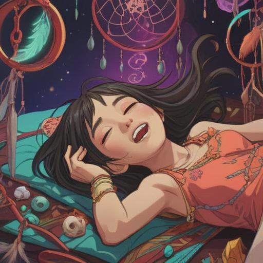 A serene and whimsical illustration of a person lying down and laughing, surrounded by spiritual lucky items like dreamcatchers, crystals, and lucky charms, soft beams of light illuminating the scene, peaceful and joyful atmosphere, ethereal elements floating around, nature-inspired backdrop, vibrant colors, harmonious composition