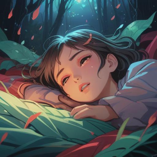 A serene and contemplative scene depicting a person lying down with tears gently flowing from their eyes, surrounded by a soft ethereal light, dreamlike atmosphere, symbols of healing and emotional release, warm colors blending into cool tones, softly glowing orbs representing spiritual energy, peaceful expression, mystical elements in the background, 4k