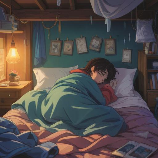 A serene scene of a person lying in bed after crying, surrounded by soft pillows and blankets, a gentle morning light streaming through the window, a small, glittering lucky charm resting on the bedside table, the expression of relief and hope on the person's face, an inviting and comforting atmosphere, pastel color palette, 4k