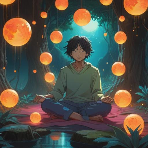 A serene and otherworldly scene, a person meditating peacefully with their body gently floating above the ground, surrounded by glowing orbs of light, soft ethereal colors, a tranquil forest setting with ancient trees, rays of sunlight filtering through the leaves, a sense of calm and spiritual awakening, vivid details of nature, harmonious atmosphere, 4k