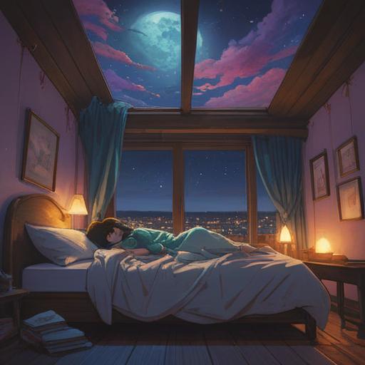 A serene illustration of a person peacefully sleeping, an ethereal glow around their body, the silhouette gently floating above the bed, soft waves of energy emanating, celestial symbols in the background, a calming night sky with twinkling stars, mystical aura, symbolic representation of spiritual awakening, dreamlike atmosphere, 4k