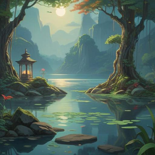 A serene landscape depicting a mystical lucky stone floating gently above a tranquil lake, ethereal glow surrounding the stone, lush greenery in the background, softly rippling water reflecting the sunlight, a feeling of peace and wonder, dreamlike atmosphere, 4k