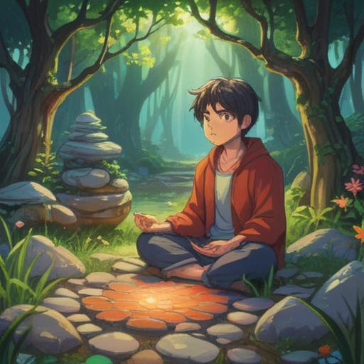 A serene illustration of a person meditating in a tranquil garden, surrounded by vibrant lucky stones, each glowing softly, symbolizing abundance and inner peace, a gentle breeze rustling the leaves, colorful flowers blooming around, sunlight filtering through the trees, creating a warm and inviting atmosphere, inspirational and calming, 4k