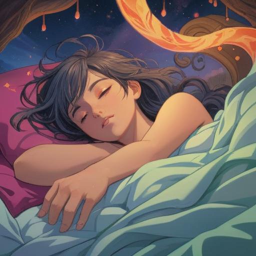A serene, dreamlike illustration depicting a person lying in bed with a peaceful yet drowsy expression, surrounded by ethereal, swirling colors representing energy and spirituality, soft light filtering through the window, elements of nature like floating leaves and gentle clouds, a sense of calm and introspection, conveying the feeling of persistent fatigue and its deeper spiritual significance, 4k