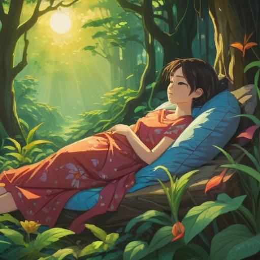 A serene and tranquil scene depicting a person peacefully sleeping in a lush, vibrant nature setting, surrounded by gentle sunlight filtering through leaves, soft clouds above, subtle hints of a dreamlike aura, representing spiritual growth and self-reflection, peaceful facial expression, calm colors, harmonious atmosphere, ethereal elements symbolizing good signs in spirituality, 4k