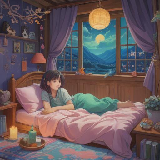 A dreamy scene depicting a person lying in bed with a peaceful expression, surrounded by ethereal symbols of love and spirituality, soft pastel colors, glowing auras and gentle light, a window showing a starry night sky, representing deep connection and yearning, whimsical elements like stars and hearts floating, calming atmosphere, surreal and enchanting vibe, 4k