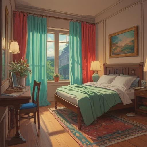 A serene scene depicting a couple in a cozy bedroom, soft morning light filtering through sheer curtains, one partner peacefully sleeping while the other gazes lovingly, floating symbols of love and spirituality around them, gentle dreamlike atmosphere, subtle hints of connection, warmth and tender emotions, 4k
