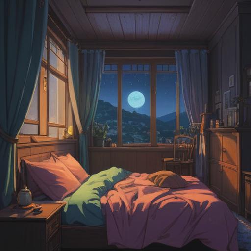 A serene and introspective scene depicting a couple in a cozy bedroom, soft moonlight filtering through the window, one partner peacefully asleep while the other gazes thoughtfully out, symbols of spirituality subtly incorporated in the background, such as gentle wisps of energy or luminous orbs, an atmosphere of love intertwined with mindfulness, dreamlike quality, soft textures, warm color palette, inviting and contemplative setting, 4k