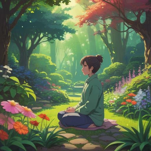 A serene and contemplative scene, a person meditating in a peaceful garden, surrounded by blooming flowers and gentle sunlight, symbolic representations of love and positivity, tranquil atmosphere, calm expressions, vibrant colors, harmonious elements, 4k