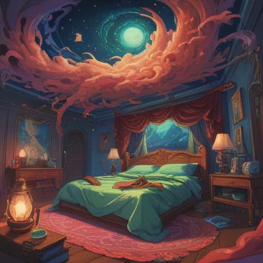 A mystical illustration depicting a person lying in bed, surrounded by swirling spiritual energy, dreamlike scenery, hints of exhaustion reflected in the character's expression, ethereal light illuminating the room, symbolic elements representing fatigue and spiritual awakening, 4k