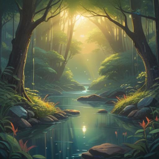 A tranquil scene depicting a serene landscape, soft glowing light filtering through trees, a gentle stream flowing, symbolic elements like feathers and crystals representing spiritual guidance, a sense of calm and rejuvenation, ethereal atmosphere, nature's healing energy, peaceful wildlife, harmony and balance, 4k