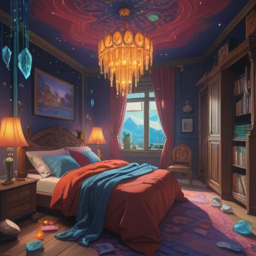A mystical scene depicting a person surrounded by glowing lucky crystals, each crystal radiating soothing energy, set in a serene bedroom filled with soft pillows and gentle lighting, a look of tranquility on the person's face as they rest, dreamlike atmosphere, vibrant colors, calming vibes, nature elements like plants and soft fabrics, 4k