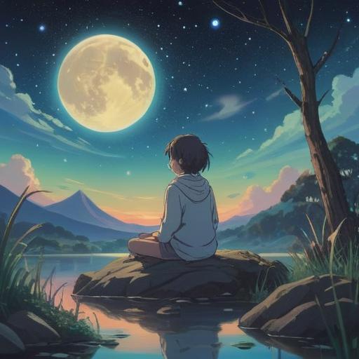 A serene and ethereal landscape, soft pastel colors, a dreamy nighttime sky filled with stars, a calm figure meditating in a tranquil setting, surrounded by floating clouds and gentle light, conveying a sense of spiritual awakening and self-reflection, lush greenery, peaceful ambiance, 4k